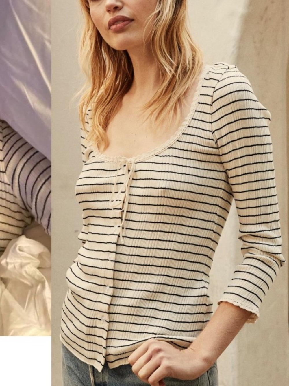 Doen vivienne stripe long sleeve tshirt top Pointelle scoop mariner tee
